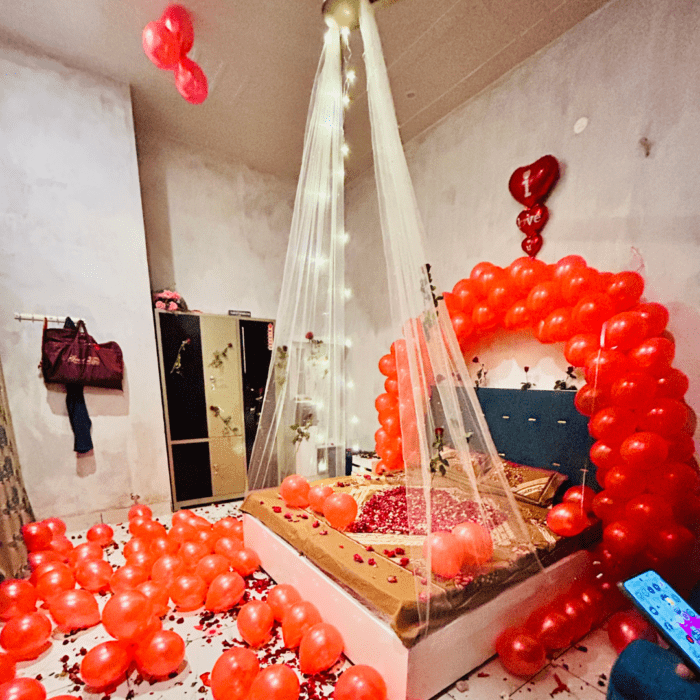 Romantic Room Decoration with Red Balloons and Lights