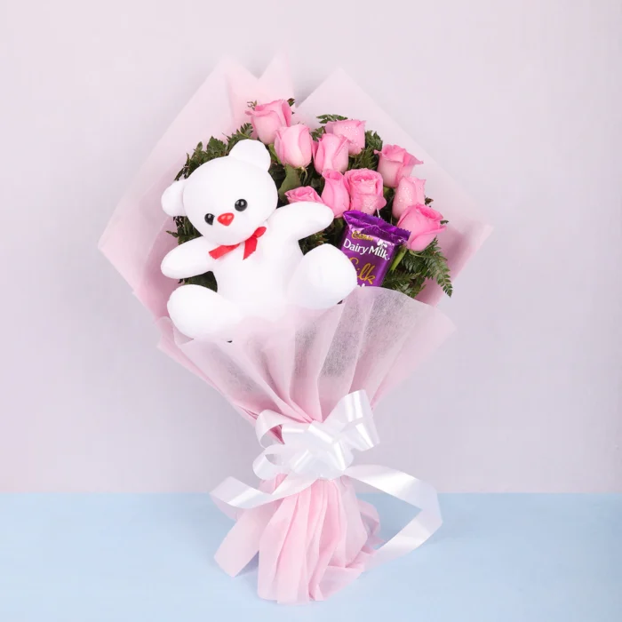 flower bouquet pink rose with teddy